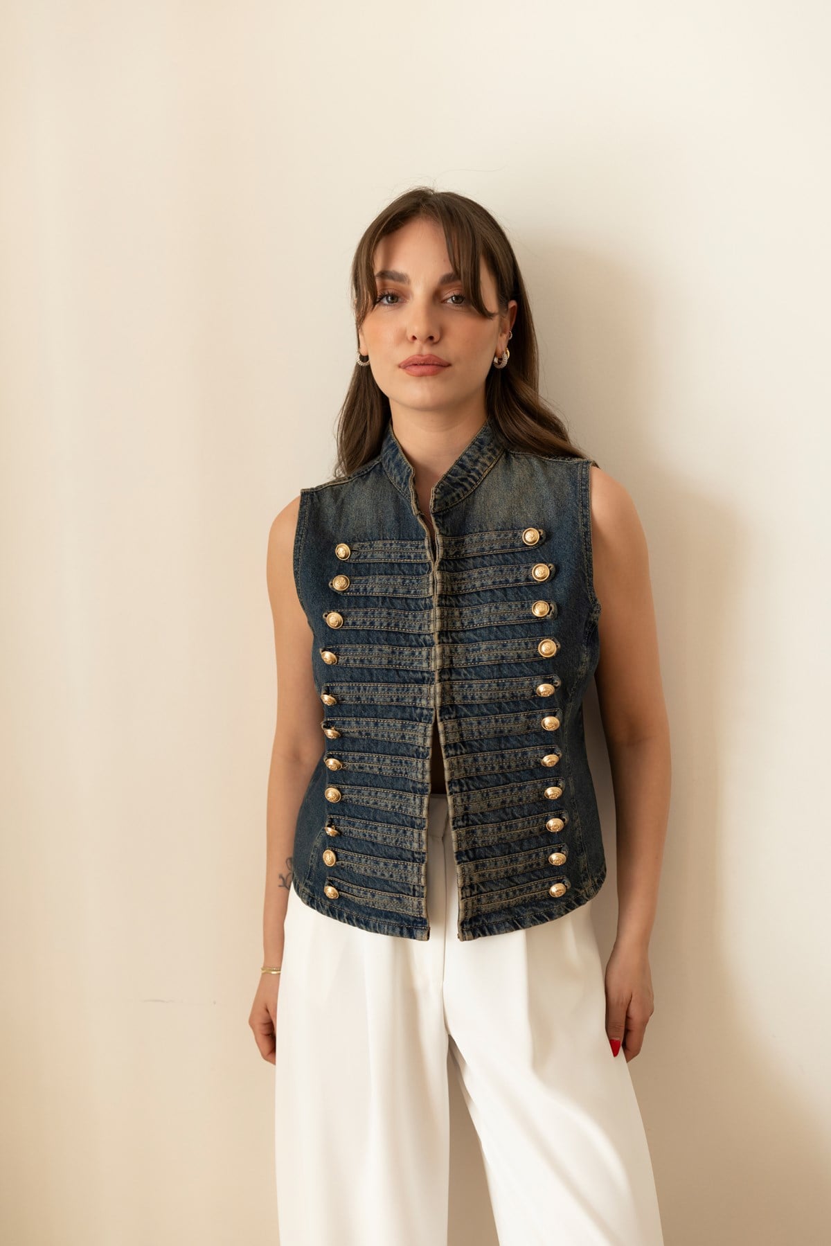 Mavi Napolyon Model Gold Düğme Detaylı Denim Yelek
