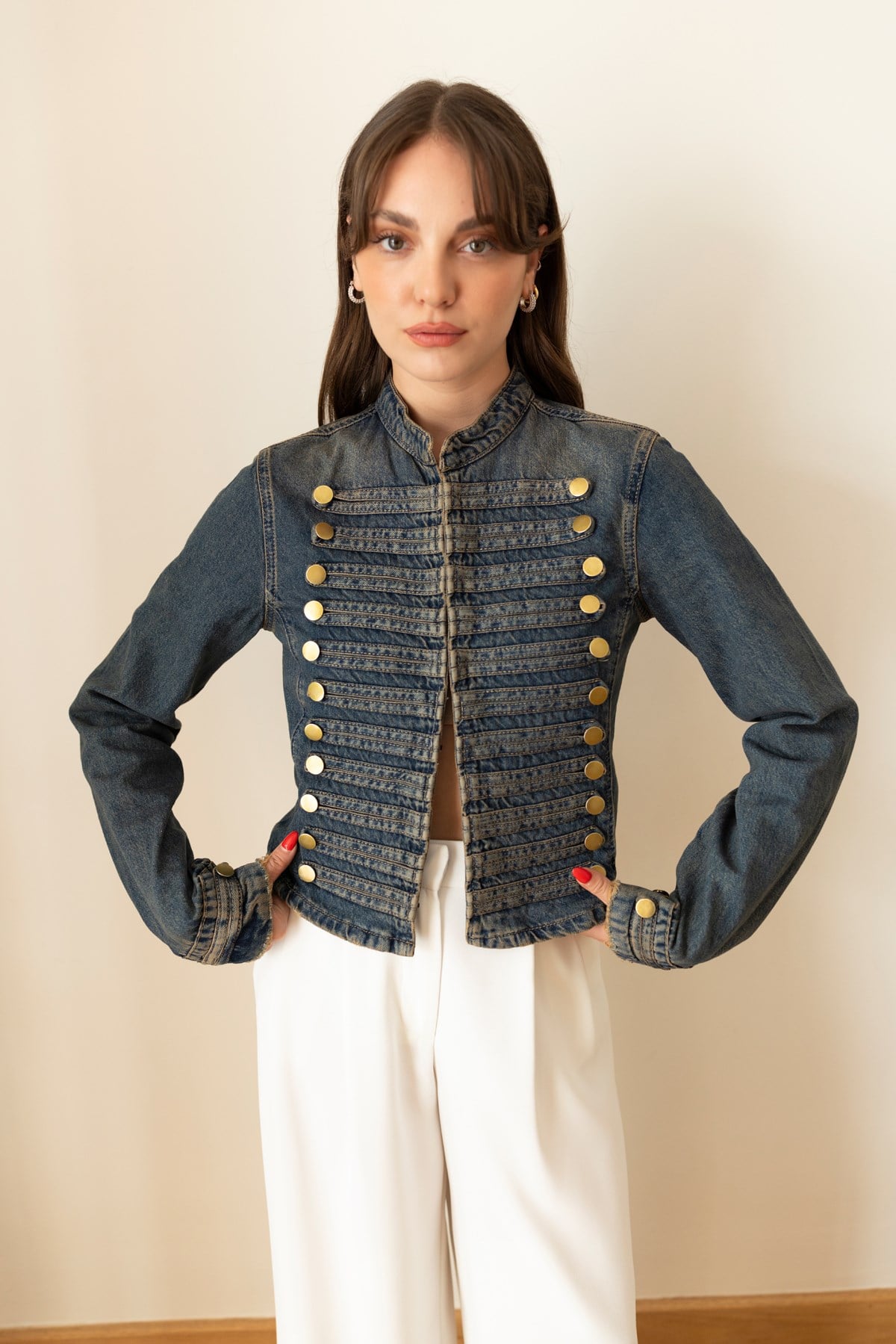 Mavi Napolyon Model Gold Düğme Detaylı Denim Ceket