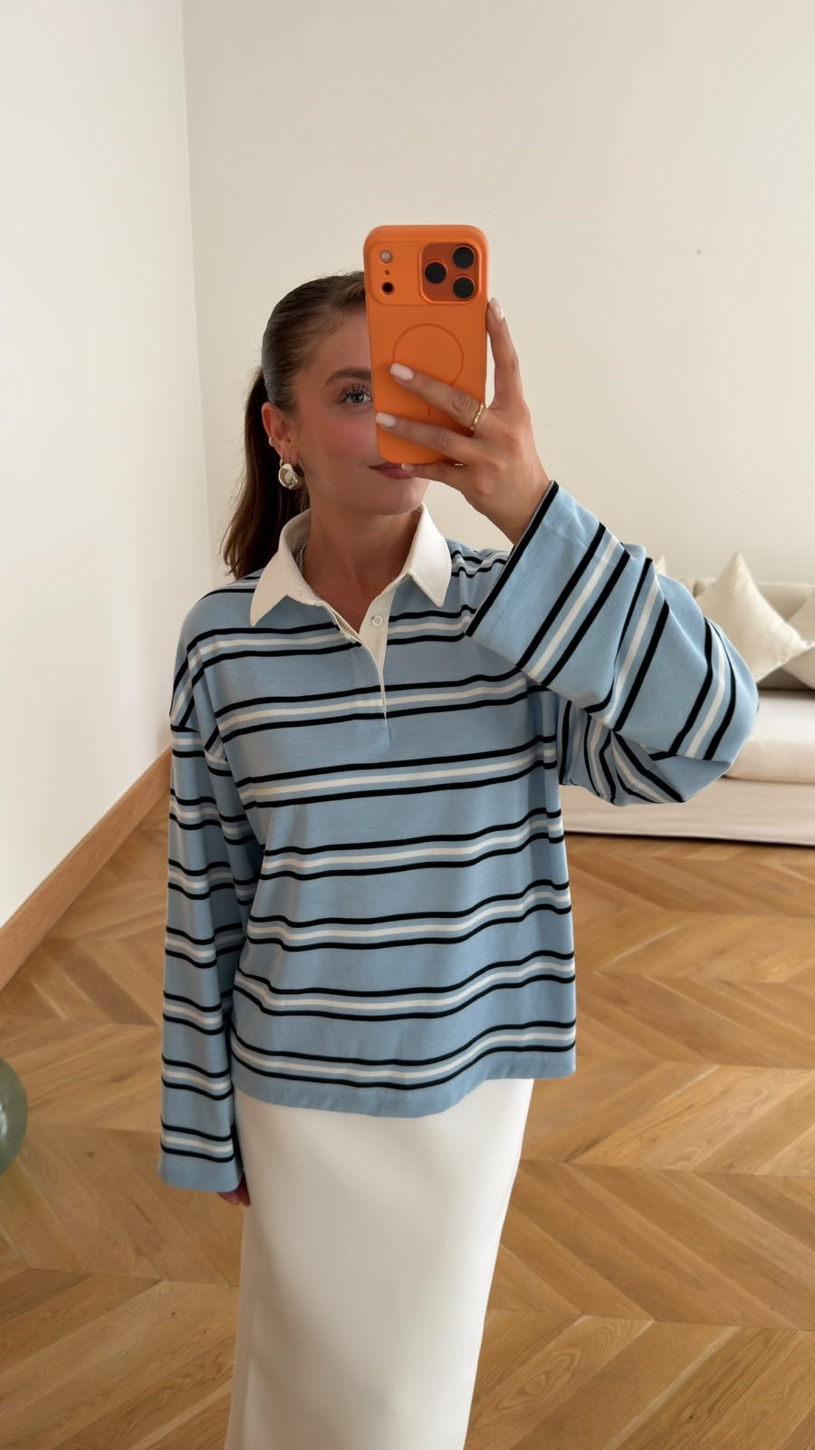 Mavi Polo Yaka Çizgili SweatShirt