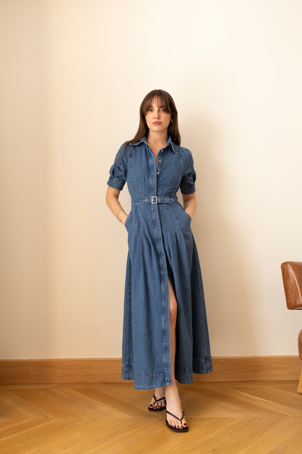 Mavi Polo Yaka Kemerli YandAN Cepli Çıt Çıt Düğmeli Denim Elbise