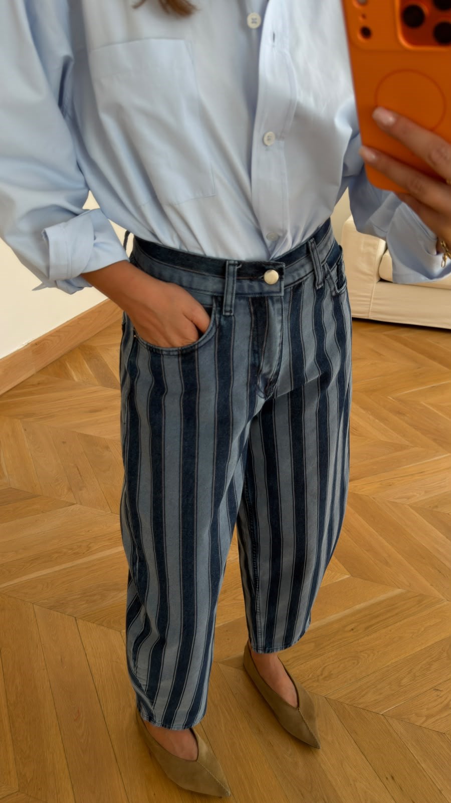 Mavi Yüksek Bel Şeritli Slouchy Jean Pantolon