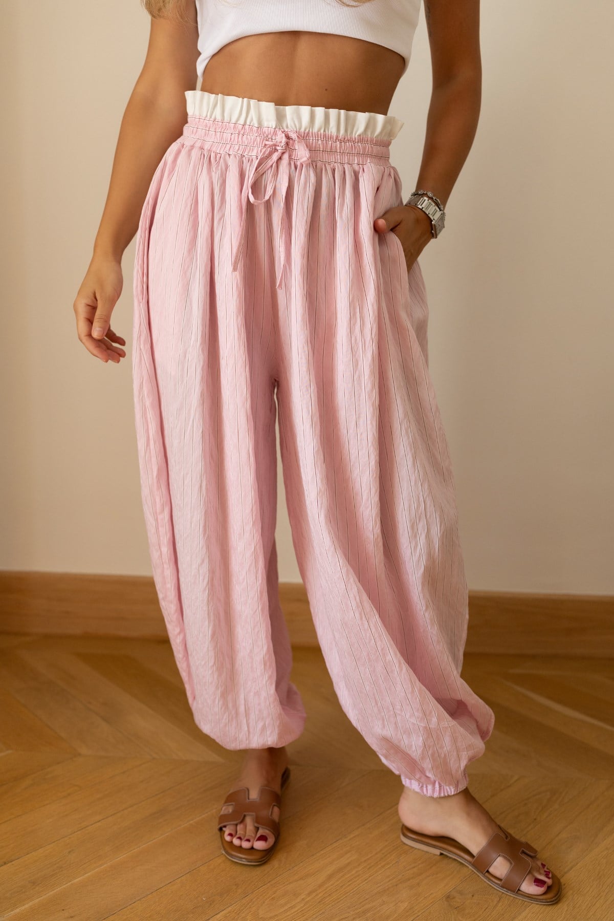 Pembe Beli Ve Paçası Lastikli Çizgili Şalvar Pantolon