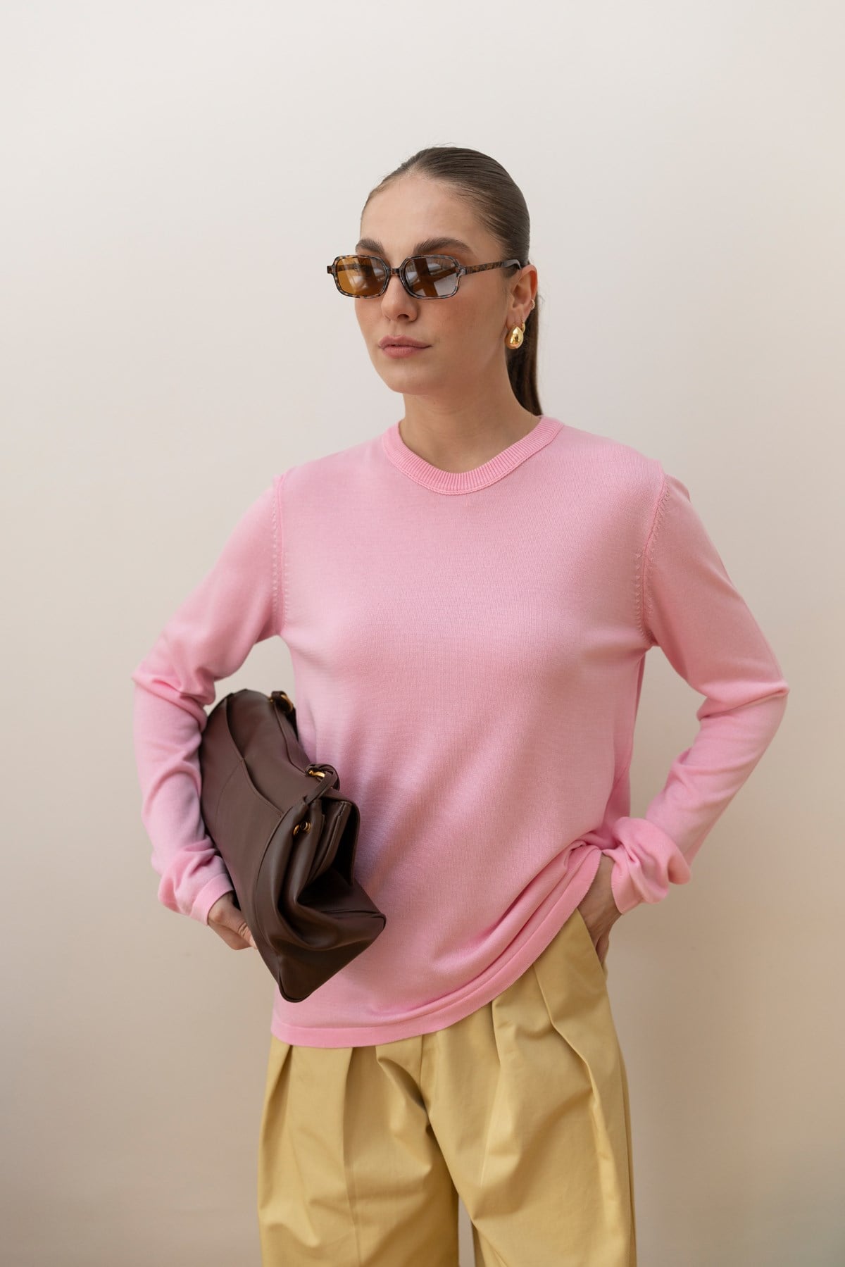 Pembe Bisiklet Yaka Basic Mevsimlik Triko
