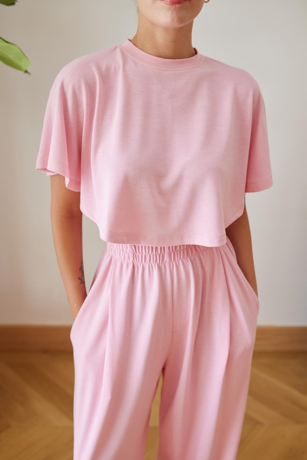 Pembe Bisiklet Yaka Crop Panço T-Shirt