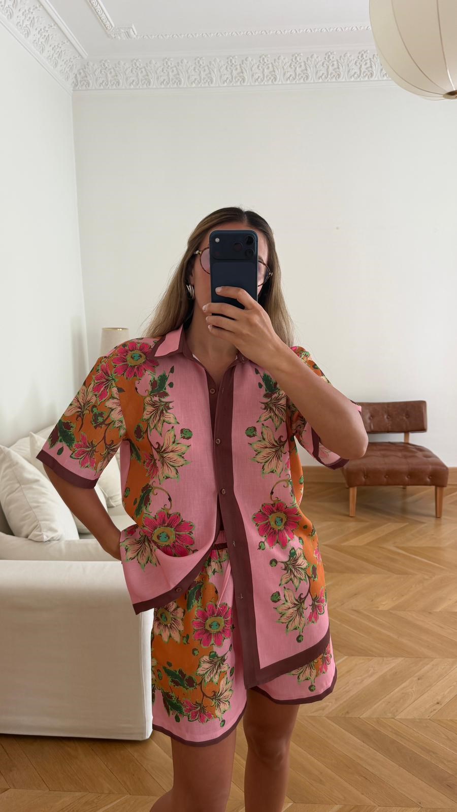 Pembe Çiçek Desenli Gömlek Şort Takım