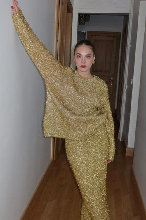 Sarı Bisiklet Yaka Oversize Parlak Bluz