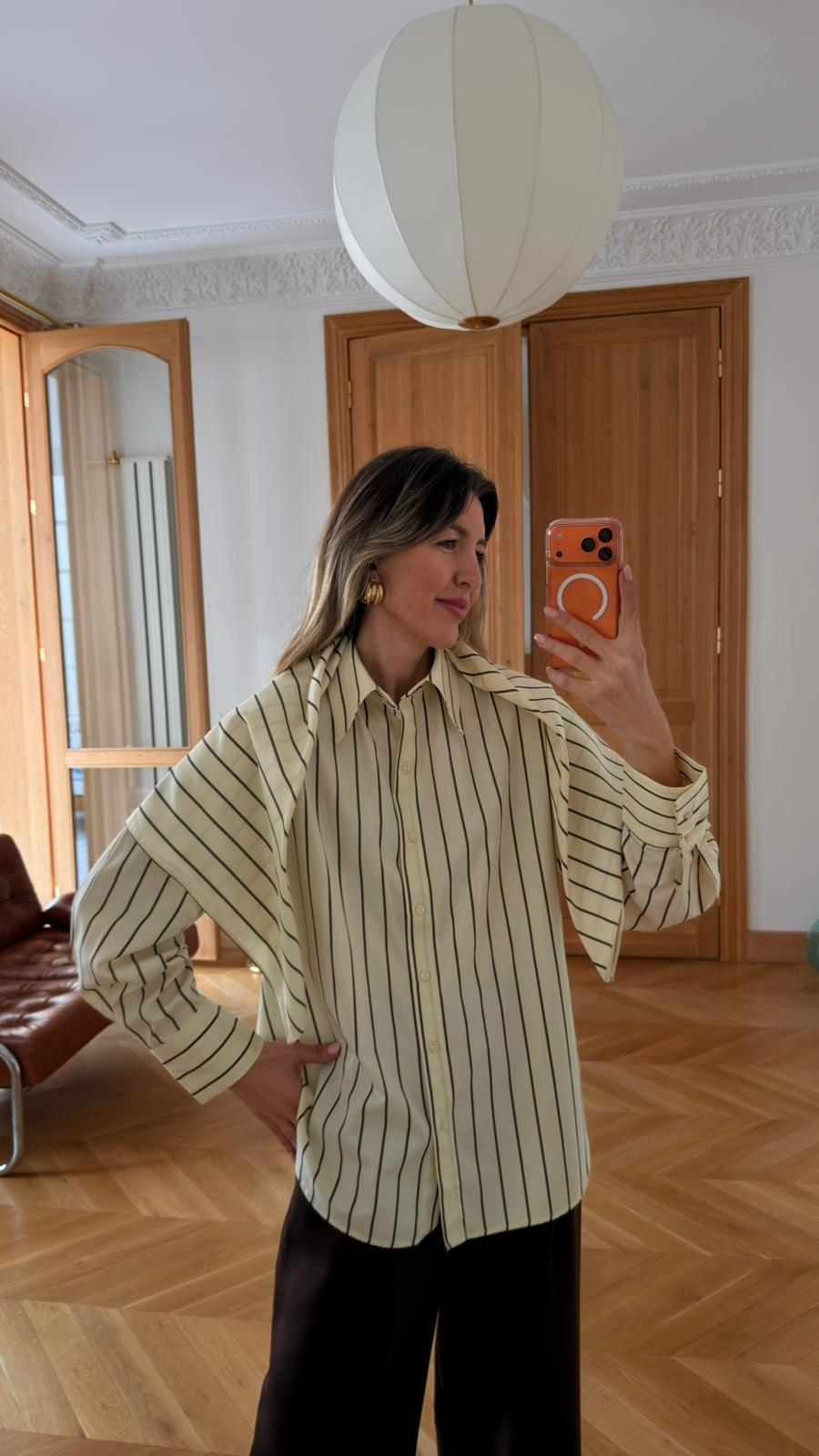 Sarı Şal Detaylı Çizgili Oversize Gömlek