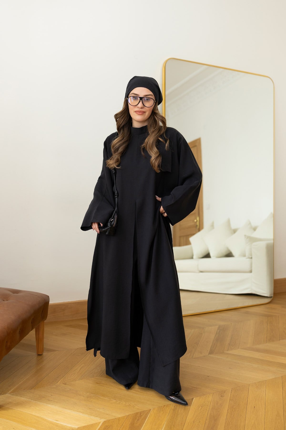 Siyah Bandana Detaylı Önden Yırtmaçlı Tunik Pantolon Takım