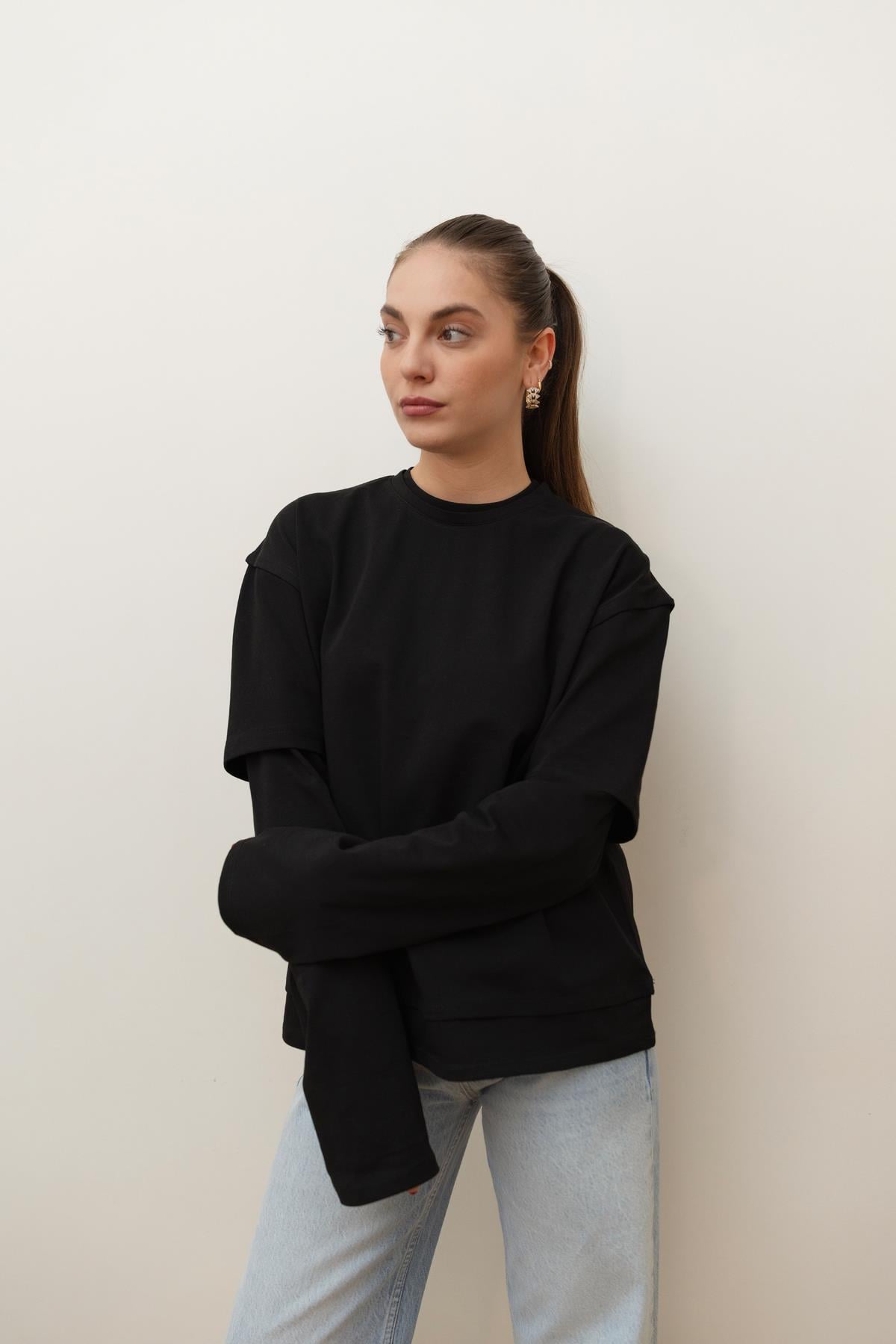 Siyah Çift Manşetli Uzun Kol T-Shirt