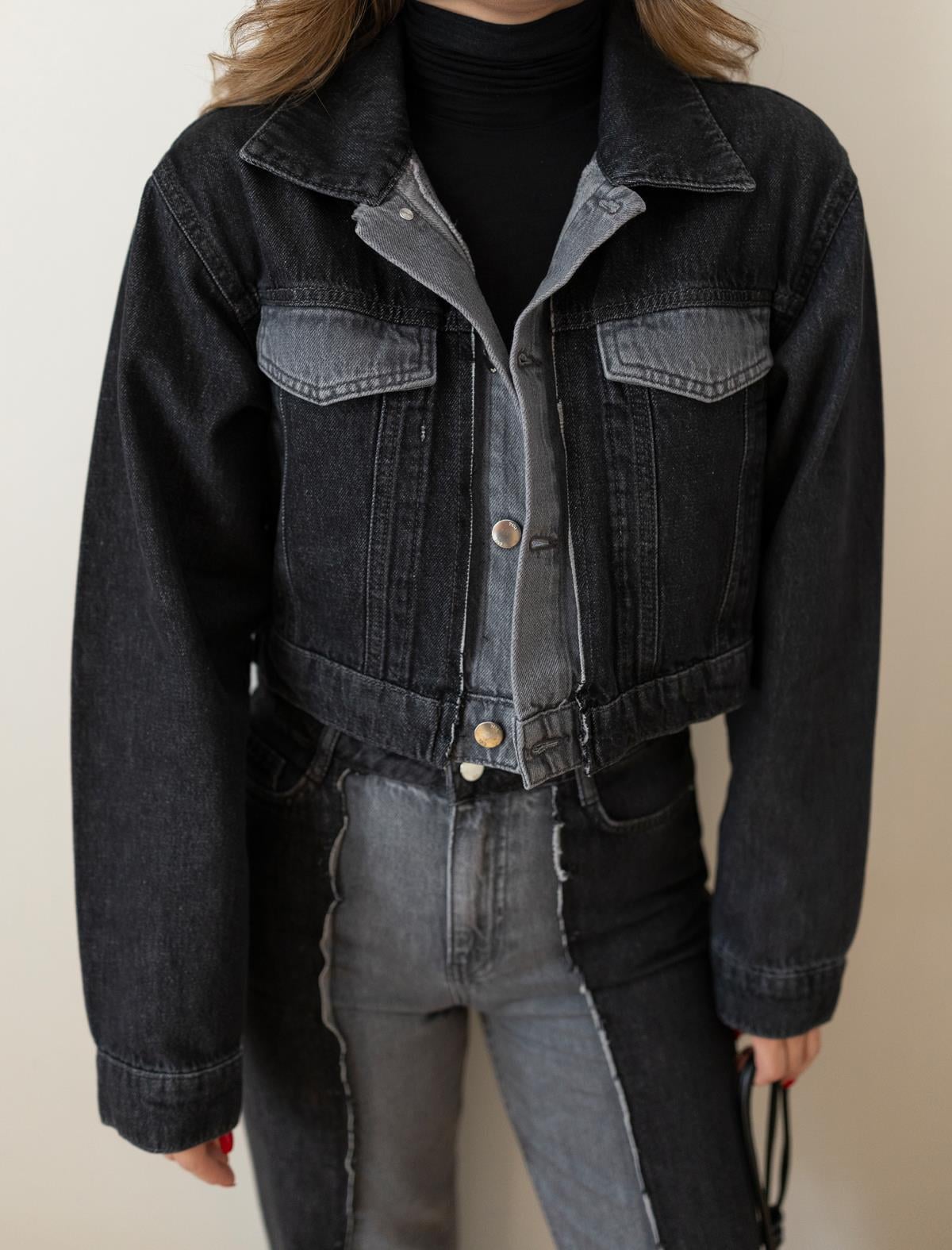 Siyah-Gri Kontrast Crop Denim Ceket