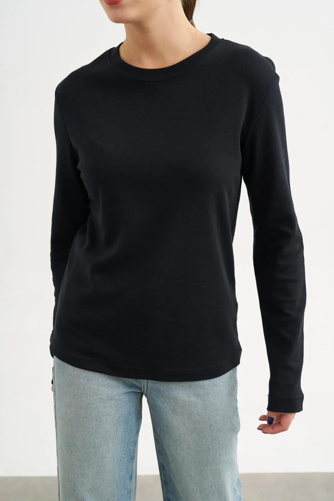 Siyah Oversize Bisiklet Yaka Uzun Kol T-Shirt