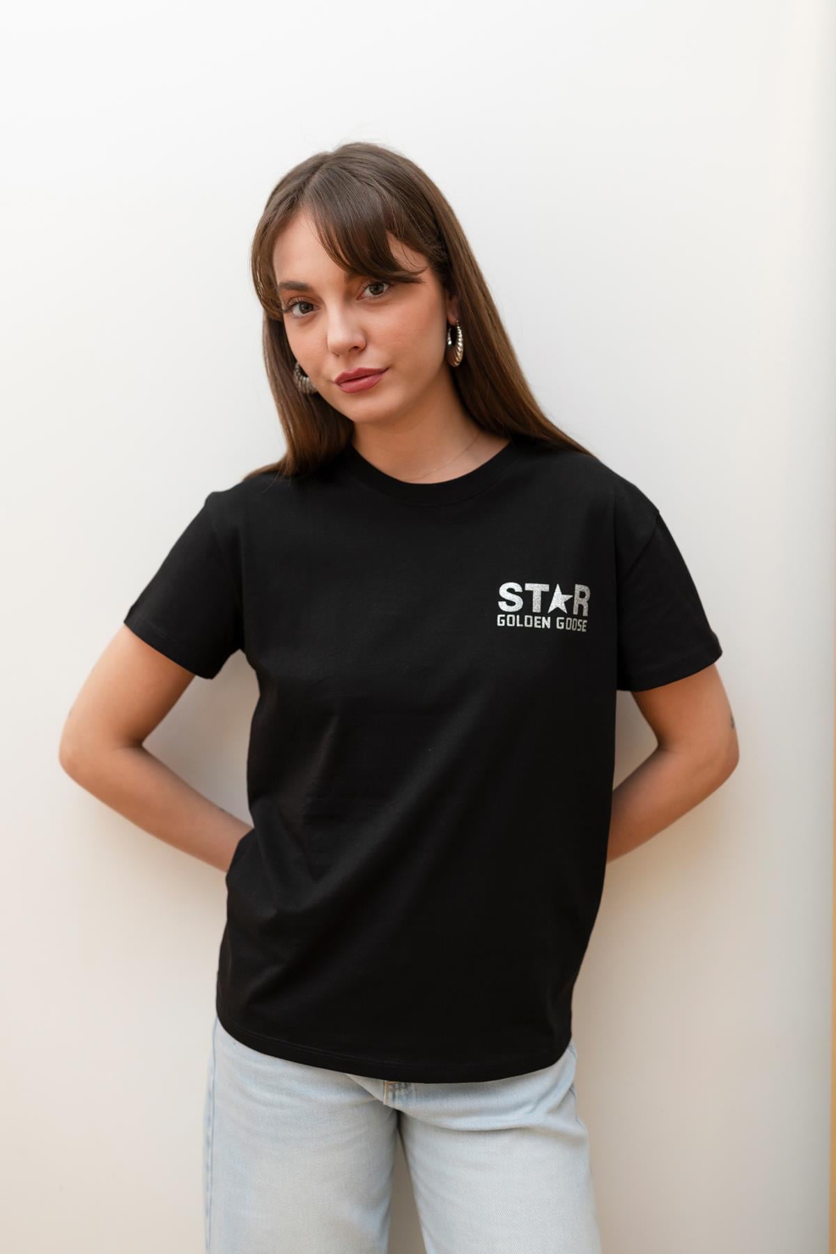 Siyah Simli Yazı Baskılı T-Shirt