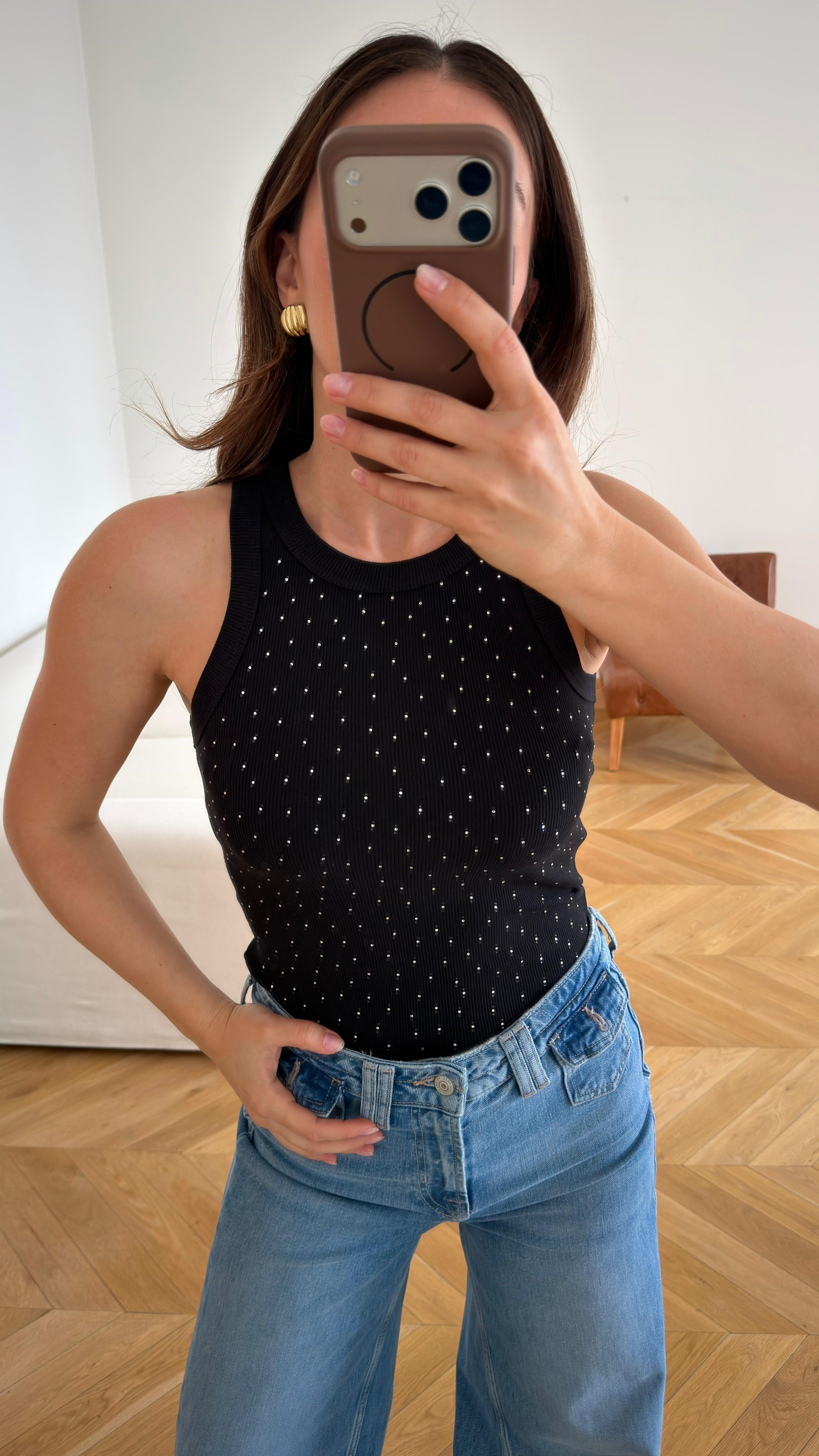 Siyah Taş Detaylı Fitilli Atlet Bluz