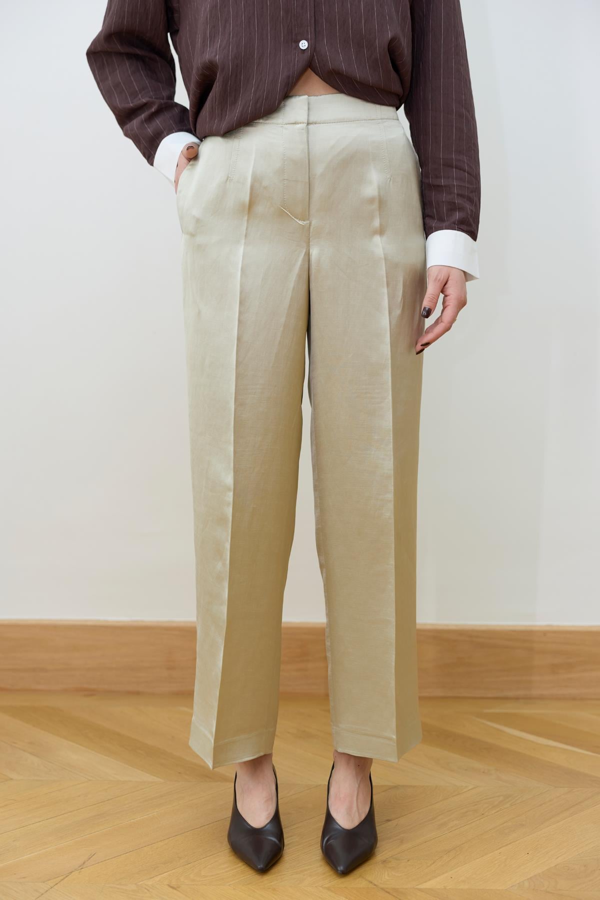 Su Yeşili Geniş Paça Parlak Saten Pantolon