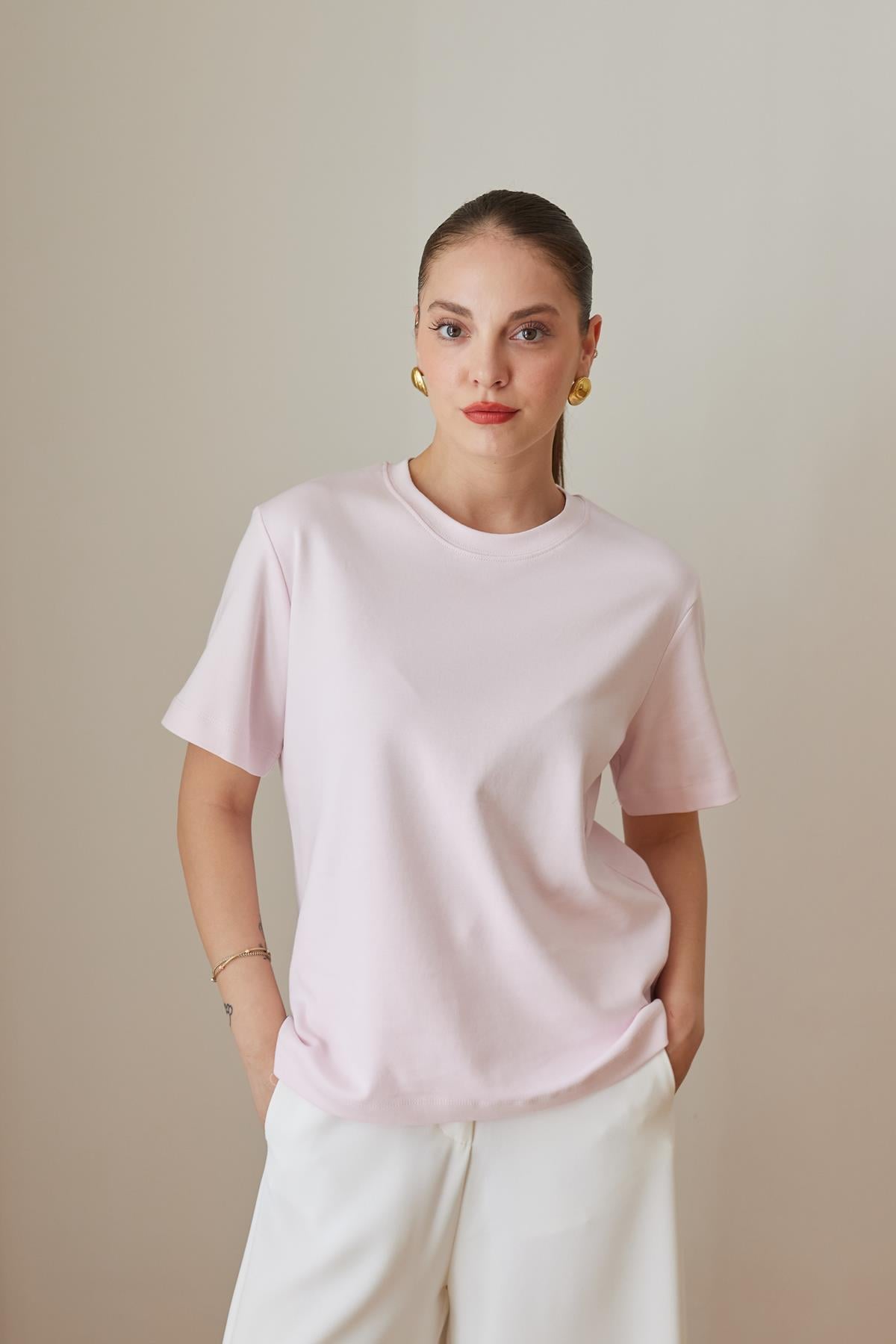 Toz Pembe Koton Kumaş Bisiklet Yaka Basic T-Shirt