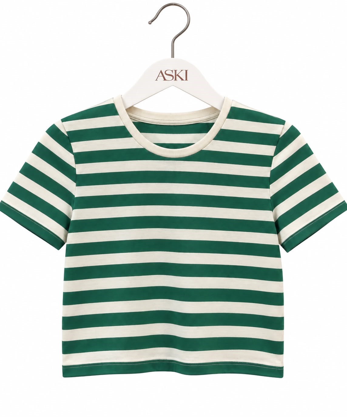 Yeşil Bisiklet Yaka Çizgili Crop T-Shirt