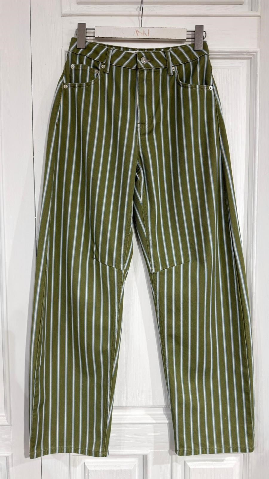 Yeşil Yüksek Bel Çizgili Slouchy Jean Pantolon