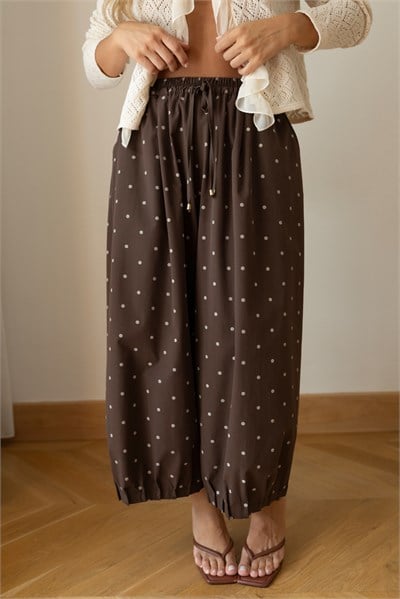 Acı Kahve Beli Lastikli Puantiyeli Slouchy Pantolon