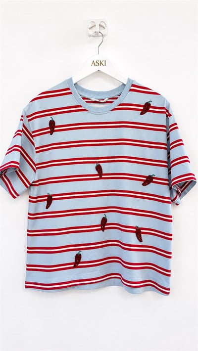 Bebe Mavi Çizgili Oversize Boncuk İşlemeli T-Shirt