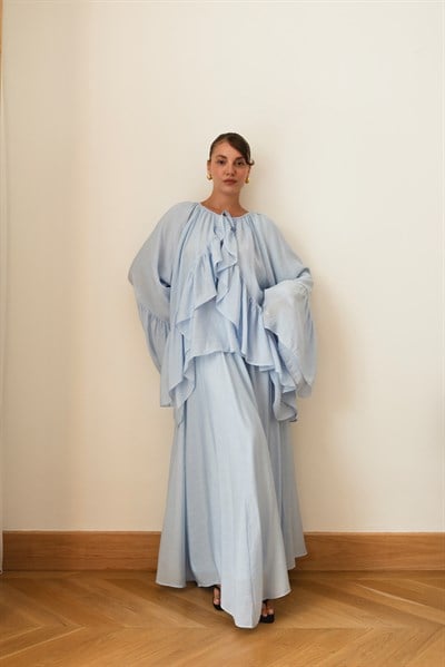 Bebe Mavi Oversize İspanyol Kol Bluz Etek Takım