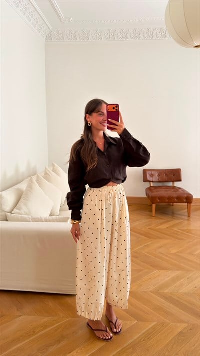 Bej Beli Lastikli Puantiyeli Slouchy Pantolon