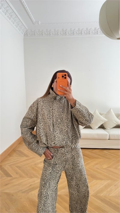 Bej Leopar Desen Dik Yaka Beli Lastikli Bomber Ceket