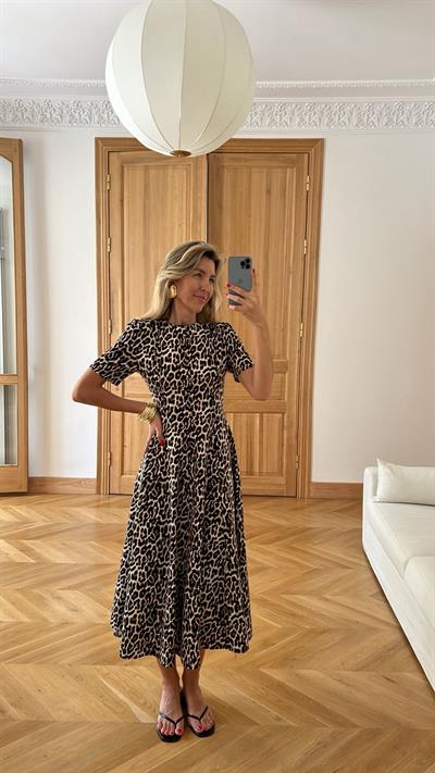 Bej-Siyah Bisiklet Yaka Leopar Desen Kısa Kol Denim Elbise
