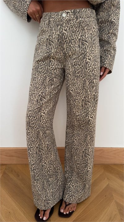 Bej Yüksek Bel Leopar Desen Gabardin Pantolon