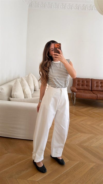 Beyaz Beli Ve Paçası Çıt Çıt Detaylı Slouchy Gabardin Pantolon