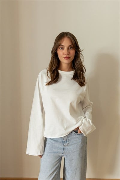 Beyaz Oversize İspanyol Kol Basic T-Shirt