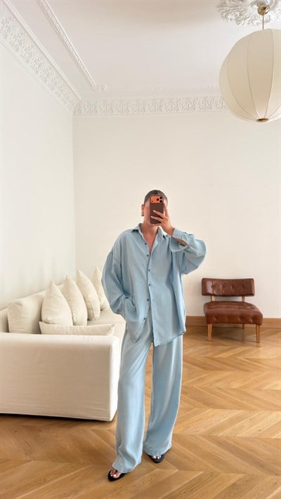 Buz Mavi Tensel Oversize Gömlek  Pantolon Takım