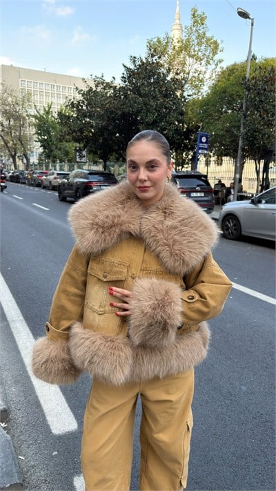 Camel İthal Kürk Detaylı Vintage Ceket