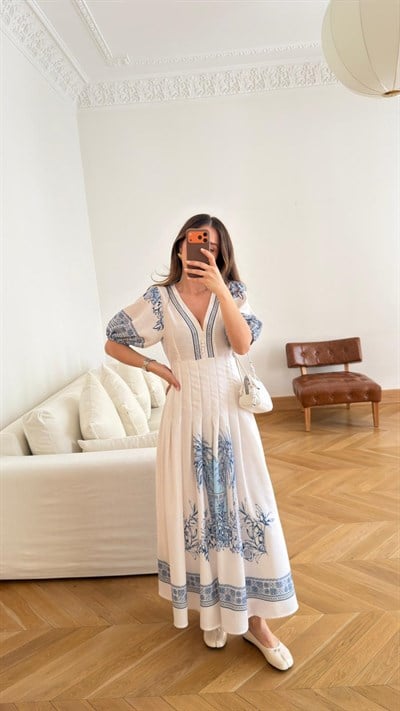 Ekru-Mavi Karpuz Kol Belden Pens Detaylı V Yaka Çiçek Desenli Elbise