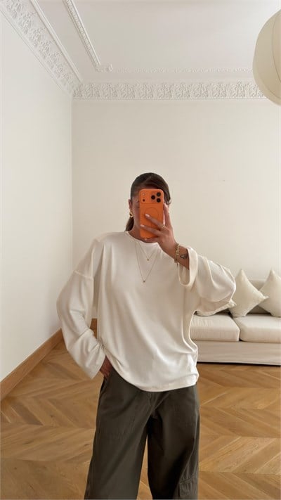Ekru Vatkalı Oversize Basic SweatShirt