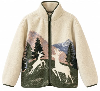 Haki Geyik Desenli Fermuarlı Polar SweatShirt