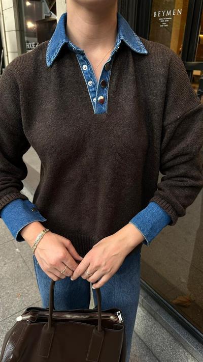 Kahve Polo Yaka Parça Denim Detyalı Triko