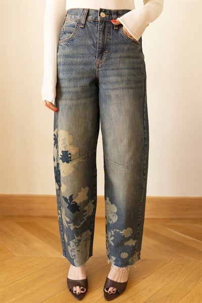 Klasik Jean Rengi Çiçek Desenli Eskitme Slouchy Jean Pantolon