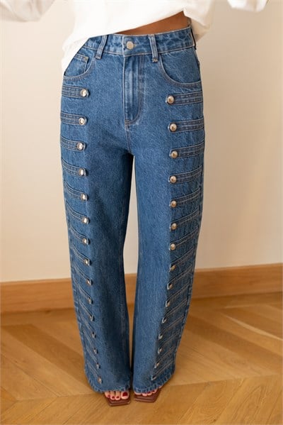Klasik Jean Rengi Napolyon Düğme Detaylı Jean Pantolon
