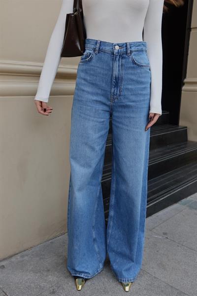 Klasik Jean Rengi YÜksek Bel Extra Bol Paça Denim Pantolon
