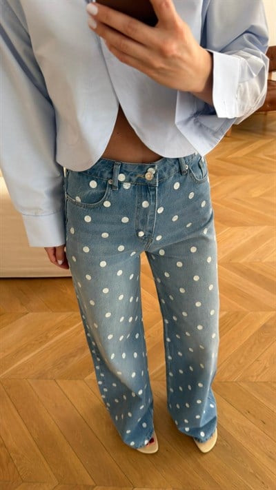 Klasik Jean Rengi Yüksek Bel Puantiyeli Palazzo Jean Pantolon