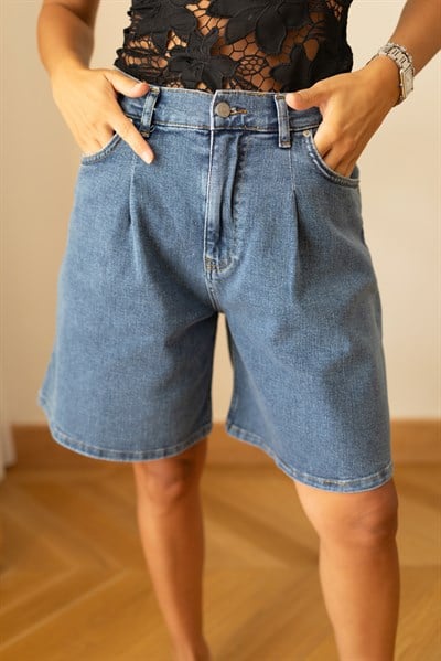 Klasik Jean Rengi Yüksek Bel Şehir Boy Jean Şort