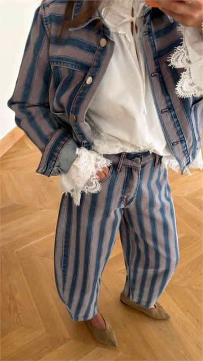 Lila Yüksek Bel Şeritli Slouchy Jean Pantolon