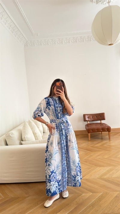 Mavi Karpuz Kol Çiçek Desenli Düğmeli Ve Kemerli Elbise