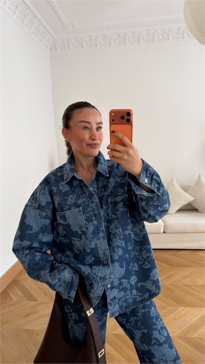 Mavi Önden İki Cepli Desenli Denim Gömlek
