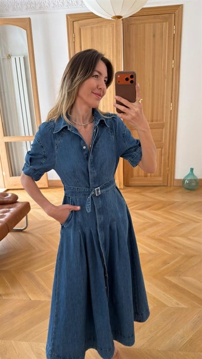 Mavi Polo Yaka Kemerli YandAN Cepli Çıt Çıt Düğmeli Denim Elbise