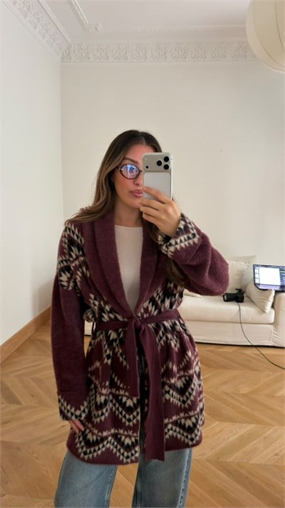 Mürdüm Şal Yaka Yumuşak Dokulu Etnik Desen Kuşaklı Hırka
