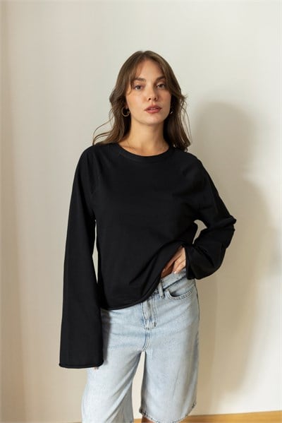 Siyah Oversize İspanyol Kol Basic T-Shirt
