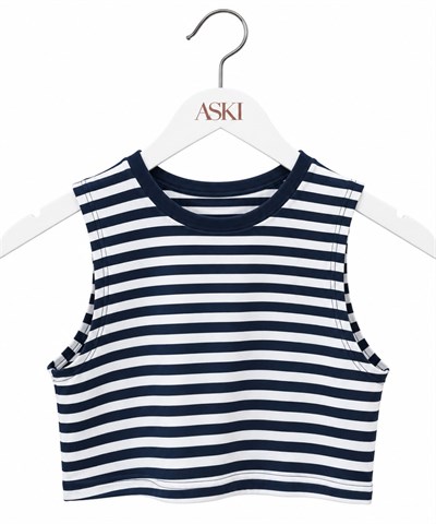Siyah Sıfır Kol Çizgili Crop T-Shirt