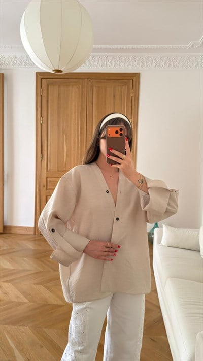 Taş V Yaka Asimetrik Kesim Oversize Bluz