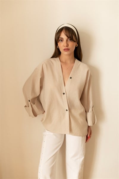 Taş V Yaka Asimetrik Kesim Oversize Bluz